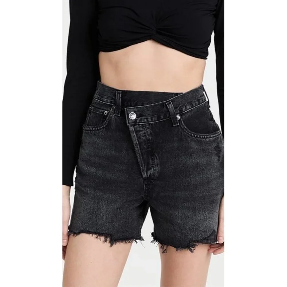 AGOLDE Shorts Women's 26 Black Criss Cross Button Fly Hitchhike Denim Organic - Picture 1 of 16